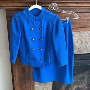 Vintage cobalt blue Jackie Kennedy wool MCM mod suit skirt set designer vibe S/M